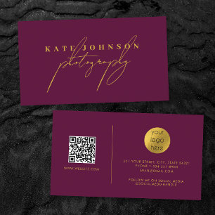 Burgund Gold Script QR Code Social Media Visitenkarte
