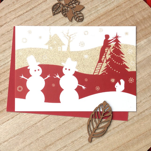 Burgund & Gold Snowmen Urlaubskarte Einladung (Rustic Burgundy, Red, Gold Company Holiday Christmas Cards, Snow Village Snowmen)