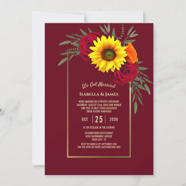 Burgund Gold Sonnenblumen Rote Rose Hochzeit Empfa Einladung (Vorderseite)
