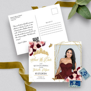 Burgund & Gold Tiara Quinceañera Foto-Postkarte Postkarte