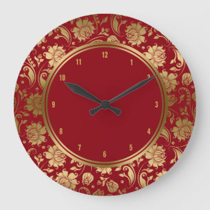 Burgund & Gold Vintage-Blumen-Damaskus Große Wanduhr
