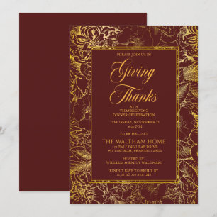 Burgund Gold Vintage Floral Thanksgiving-Dinner Einladung