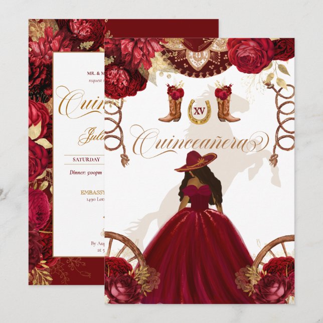 Burgund Gold Western Charro 2-seitige Quinceanera  Einladung (Vorne/Hinten)
