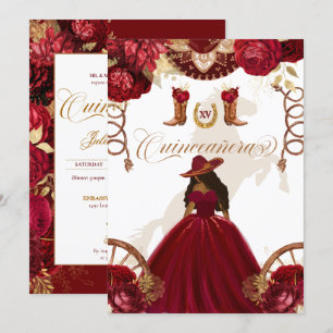 Burgund Gold Western Charro 2-seitige Quinceanera Einladung