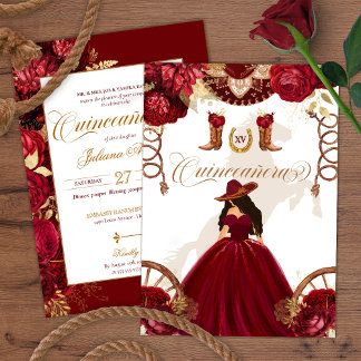 Burgund Gold Western Charro 2-seitige Quinceanera Einladung