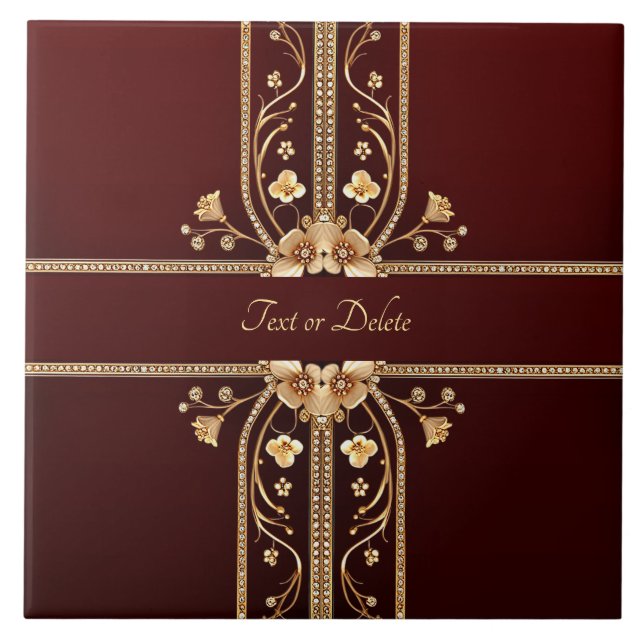 Burgund Golden Blume Keramik Tile Fliese (Vorderseite)