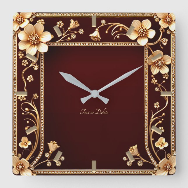 Burgund Golden Blume Wall Clock Quadratische Wanduhr (Vorderseite)
