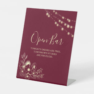 Burgund Goldene Open Bar Hochzeitsschild Sockelschild
