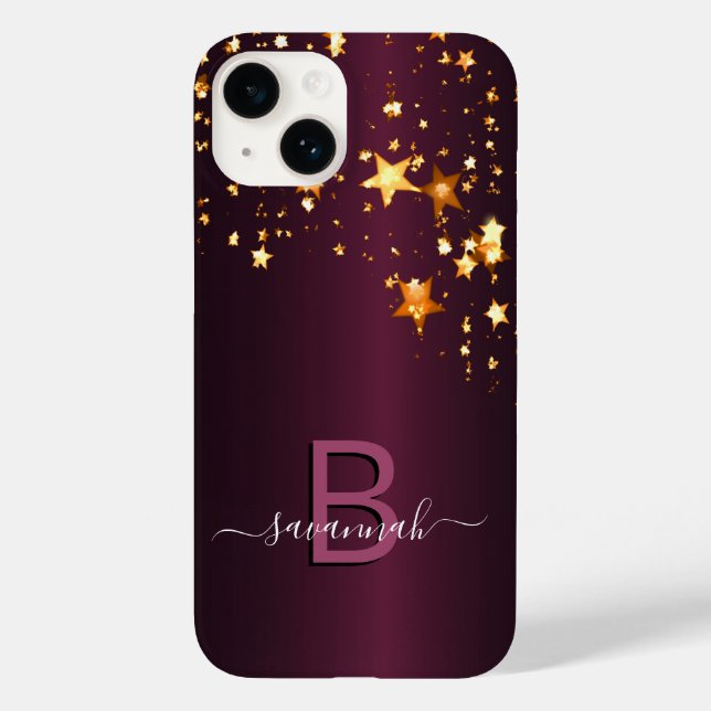 Burgund goldene Sterne Monogramm Name elegant Case-Mate iPhone Hülle (Rückseite)