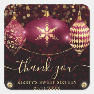 Burgund Goldene Weihnachtskugeln Sweet Sixteen Quadratischer Aufkleber