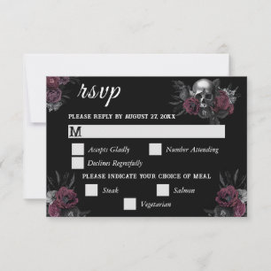 Burgund Gothic Floral Skull Wedding RSVP Card