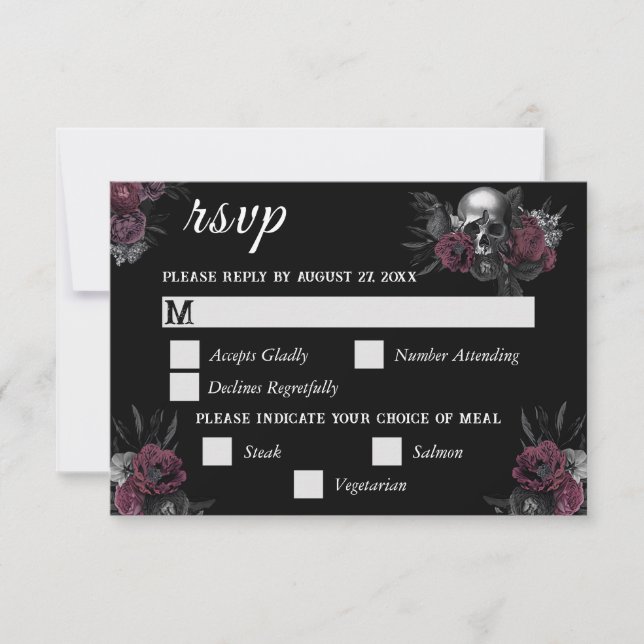 Burgund Gothic Floral Skull Wedding RSVP Card Karte (Vorderseite)