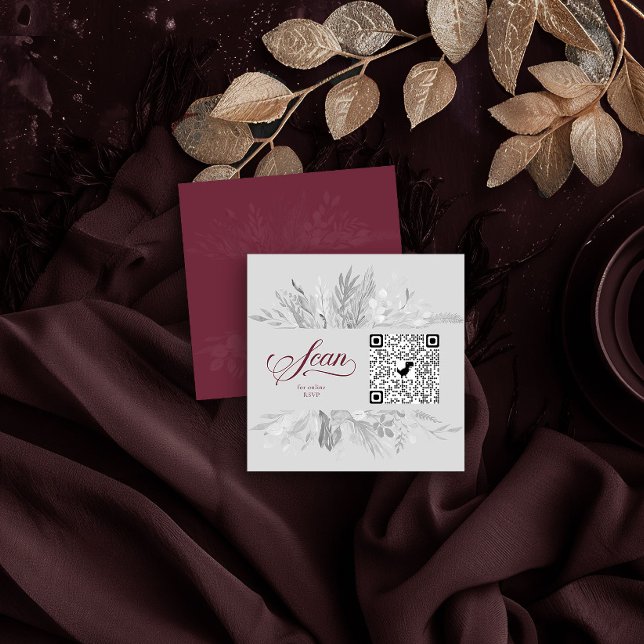 Burgund Gray Botanical Online UAWG QR Code Begleitkarte (Website QR Code Insert Card in Burgundy and Grey from the Foliage Duet Collection by Darling & May)