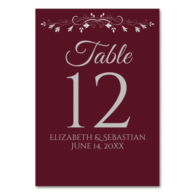 Burgund & Gray Einfache Hochzeit Tischnummer (Vorderseite)