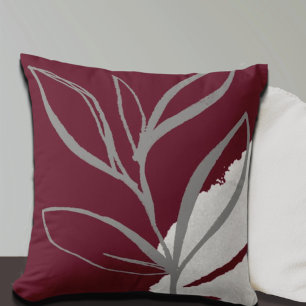 Burgund & Gray Minimalistische Aquarellfarben-Blät Kissen
