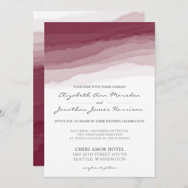 Burgund Gray Watercolor Modern in einer Hochzeit Einladung (Vorne/Hinten)