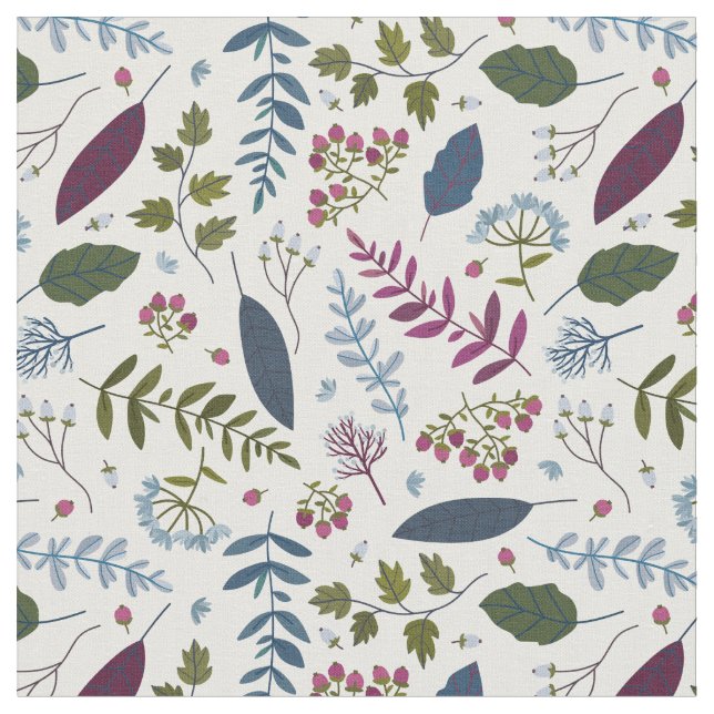Burgund Green Blue Blätter & Berries Stoff (Nahaufnahme)