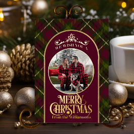 Burgund & Green Kariert mit Name & Foto Weihnachte Folien Feiertagskarte