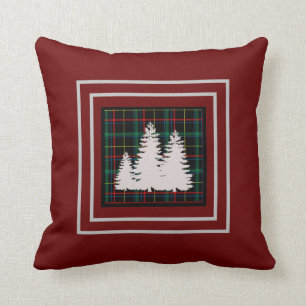 Burgund Green Tartan Karierte Pine Tree Silhouette Kissen
