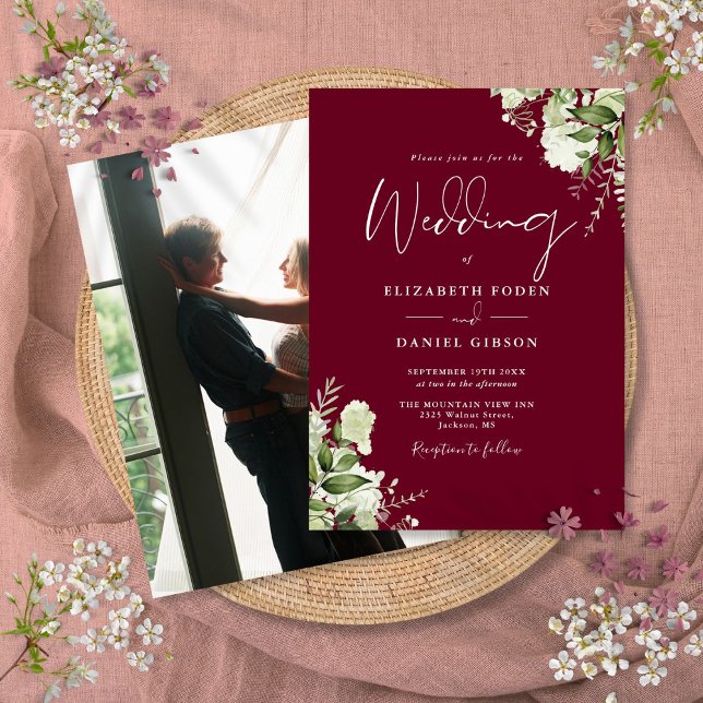 Burgund Greenery Blätter Elegantes Foto Hochzeit Einladung (Burgundy Greenery Leaves Elegant Photo Wedding Invitation)