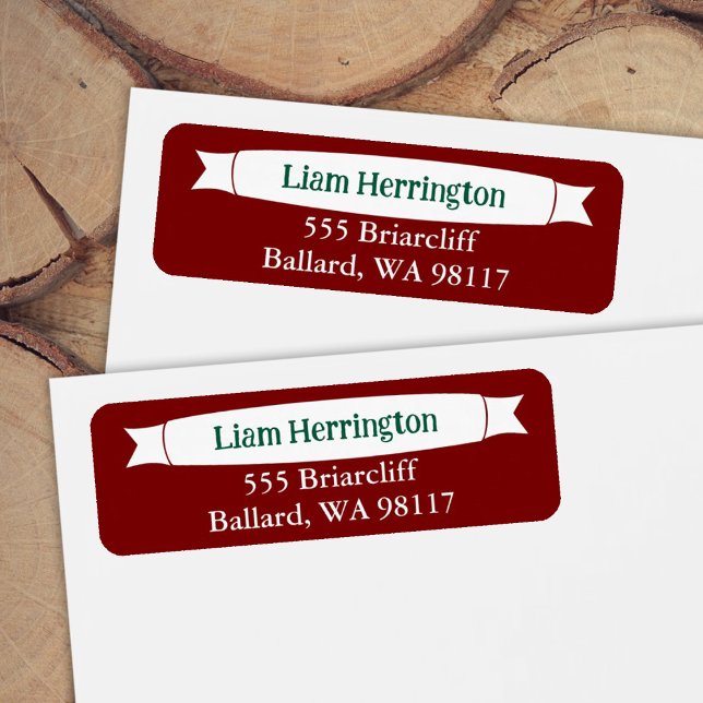 Burgund & Grün Adressetikett mit Banner (green and burgundy red return address labels for invitations and announcements)