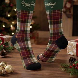 Burgund & Grün Weihnachts-Kariert & Text Socken