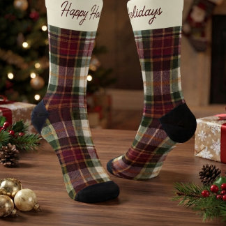 Burgund & Grün Weihnachts-Kariert & Text Socken