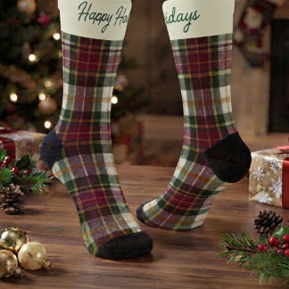 Burgund & Grün Weihnachts-Kariert & Text Socken