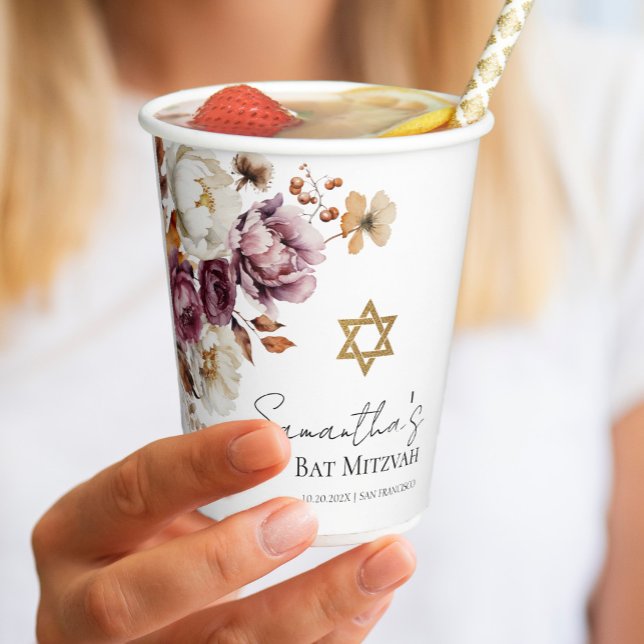 Burgund Herbst Fall Floral Bat Mitzvah Pappbecher (Von Creator hochgeladen)