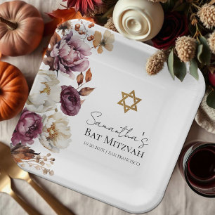Burgund Herbst Fall Floral Bat Mitzvah Pappteller