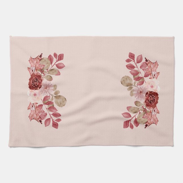 Burgund Herbst Floral Kitttuch Geschirrtuch (Horizontal)
