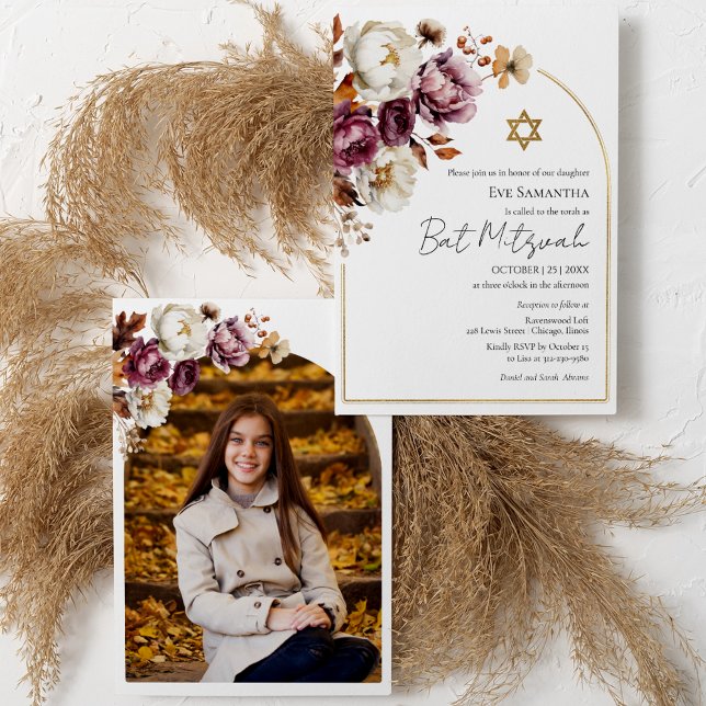 Burgund Herbstfall Floral Bat Mitzvah Foto Einladung (Von Creator hochgeladen)