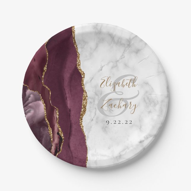 Burgund Hochzeit - Achatmarmor Goldschrift Pappteller (Vorderseite)