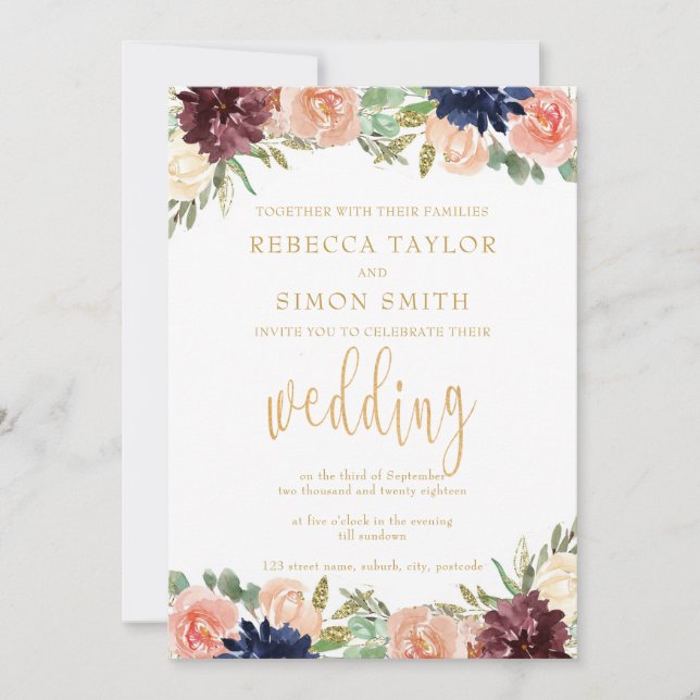 Burgund-Hochzeit im Herbst Einladung (Vorderseite)