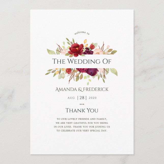 Burgund - Hochzeit in Marsala und Blush Programm (Vorderseite)