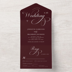 Burgund Hochzeit mit klassischer Kalligrafie All In One Einladung