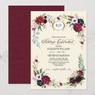 Burgund Hochzeit von Navy Blue Floral Watercolor Einladung