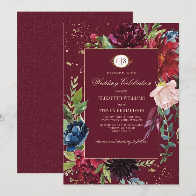 Burgund | Hochzeit von Navy Blue Floral Watercolor Einladung (Vorne/Hinten)