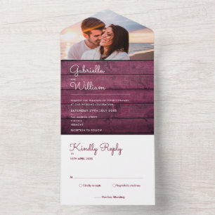 Burgund Holz-Lichterkette Foto-Hochzeit All In One Einladung