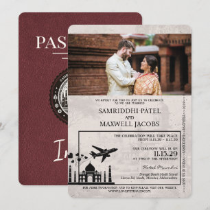Burgund-indisches Reisepass-Hochzeitseinladung Einladung