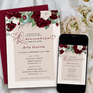 Burgund Ivory Blumenrosen Quinceanera und Messe Einladung