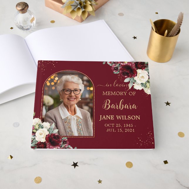 Burgund Ivory White Floral Memorial Beerdigung Fot Gästebuch (Vorderseite Offen)