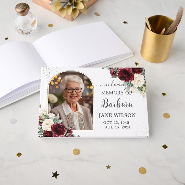 Burgund Ivory White Floral Memorial Beerdigung Fot Gästebuch (Vorderseite Offen)