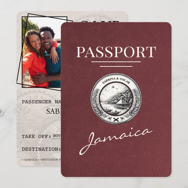 Burgund Jamaica Passport Save the Date (Vorne/Hinten)