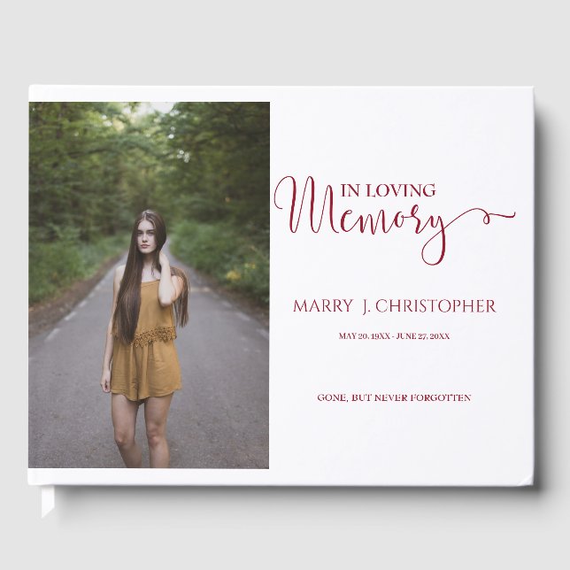 Burgund Kalligrafie-Skript in Love Memory Foto Gästebuch (Vorderseite)