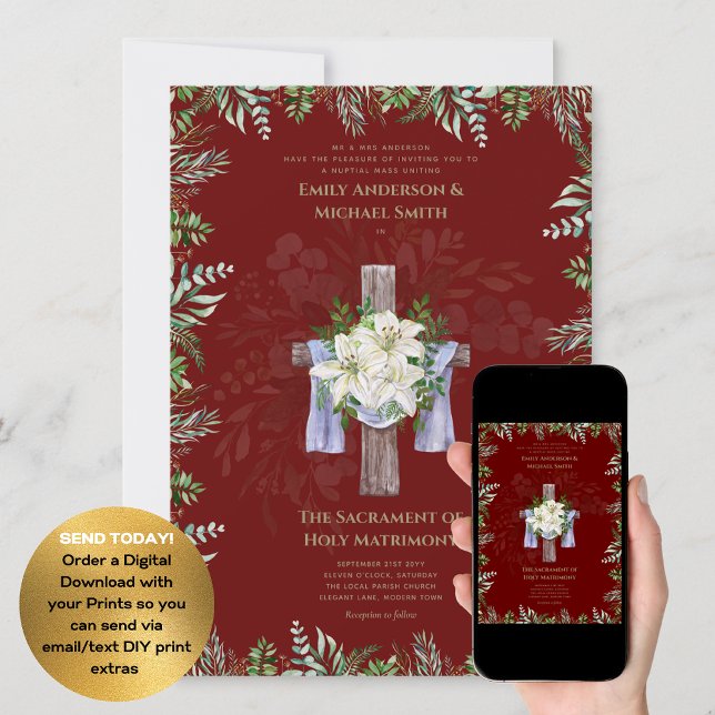 Burgund-Kreuzkatholische Hochzeit der Hochzeit der Einladung (Von Creator hochgeladen)