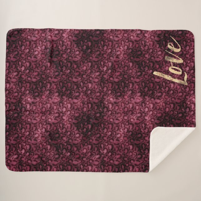 Burgund Leopard Print Gold Liebe Sherpadecke (Vorderseite (Horizontal))
