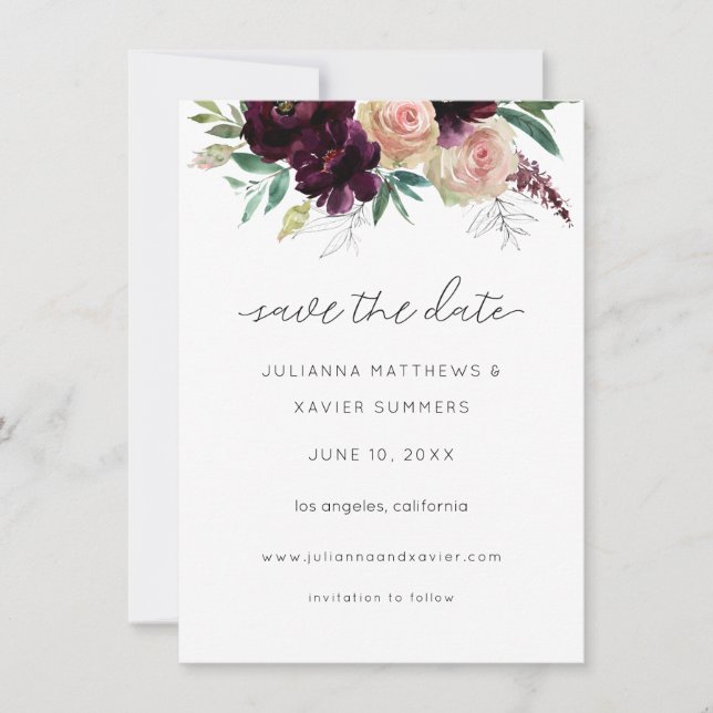 Burgund & Light Blush Pink Bloral Save The Date (Vorderseite)