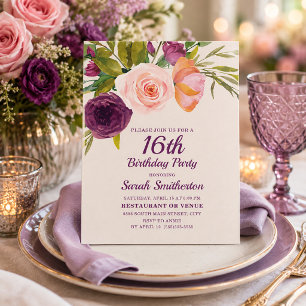 Burgund Lila Blush Pink Bloral 16. Geburtstag Karte
