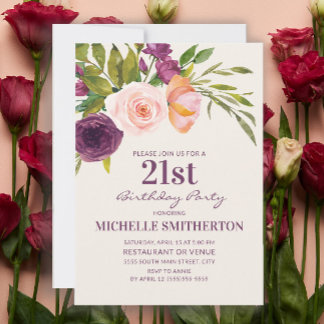 Burgund Lila Blush Pink Floral 21. Geburtstag Einladung